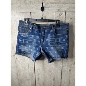 Bit & Bridle Womens Size 12 Blue Denim Aztec Print Frayed Hem Jean Shorts